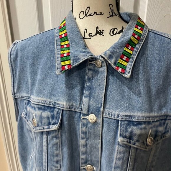 DENIM VEST Y2K 90’s COLORFUL EMBROIDERED Sz 22W BIKER ROCK HIPPIE AESTHETIC - Picture 3 of 14